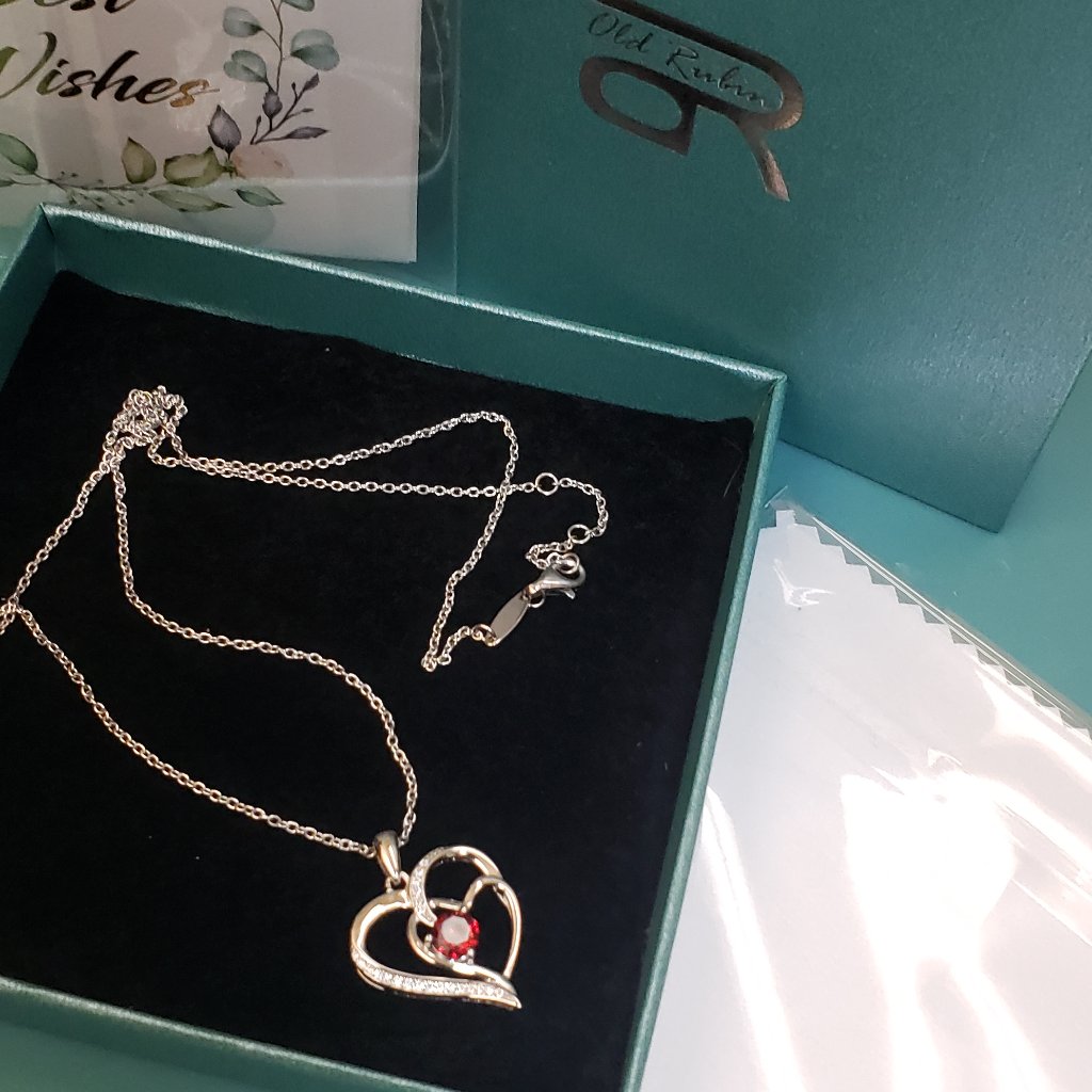 Sterling Silver 925 Double Heart With Garnet & Jeweled Stones Necklace, Nwt